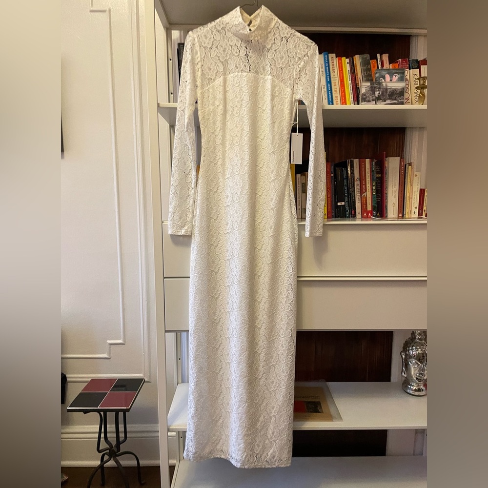 Lace long sleeve, maxi length dress with turtleneck.